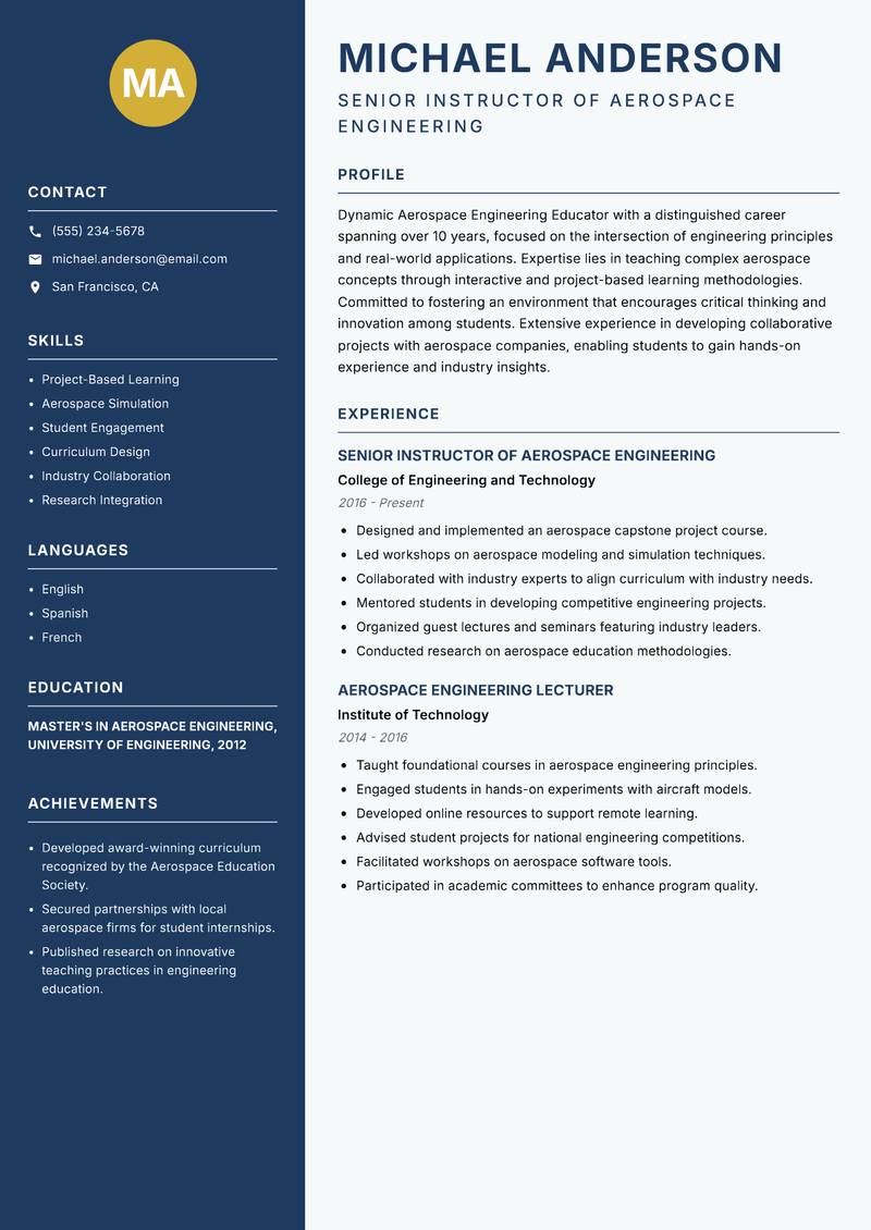 Aerospace Engineering Educator Resume Preview Example