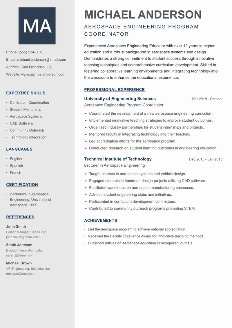 Aerospace Engineering Educator Resume Preview Example