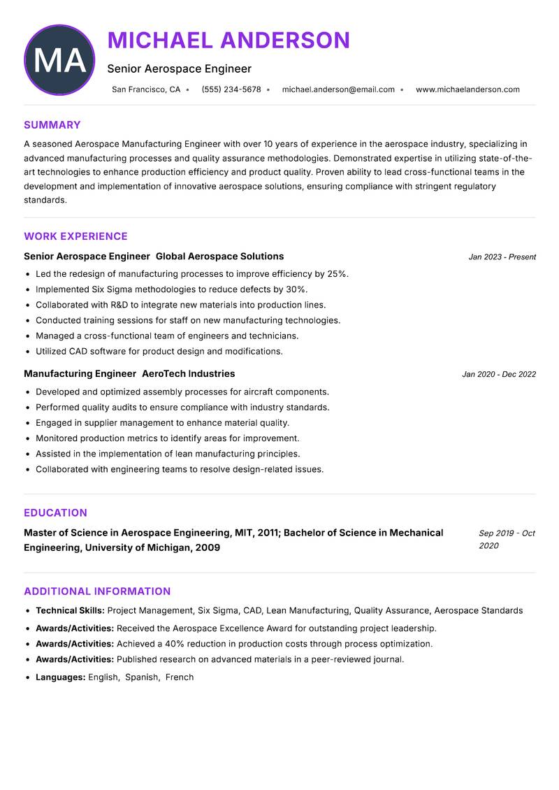 Aerospace Manufacturing Engineer Resume Preview Example