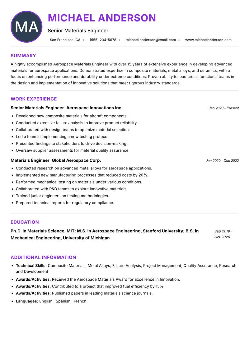 Aerospace Materials Engineer Resume Preview Example