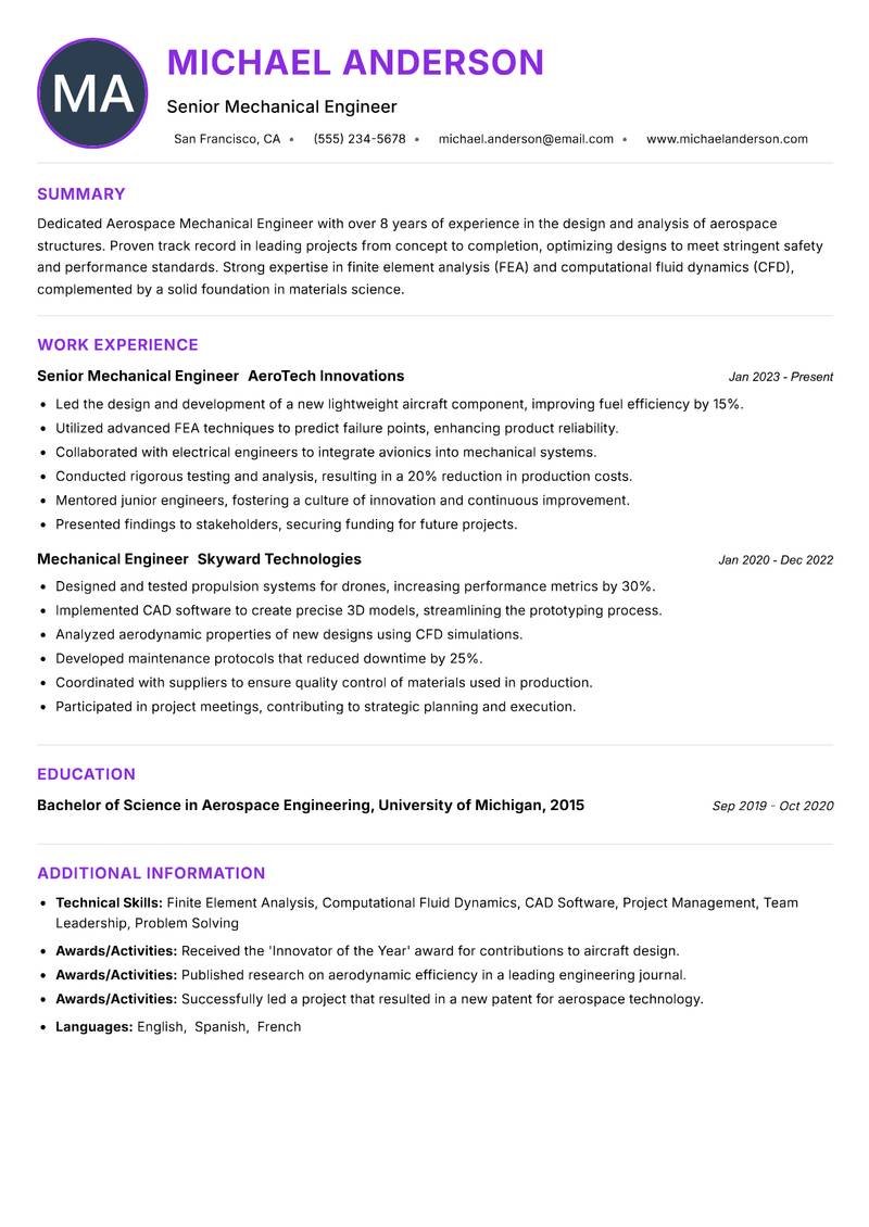 Aerospace Mechanical Engineer Resume Preview Example