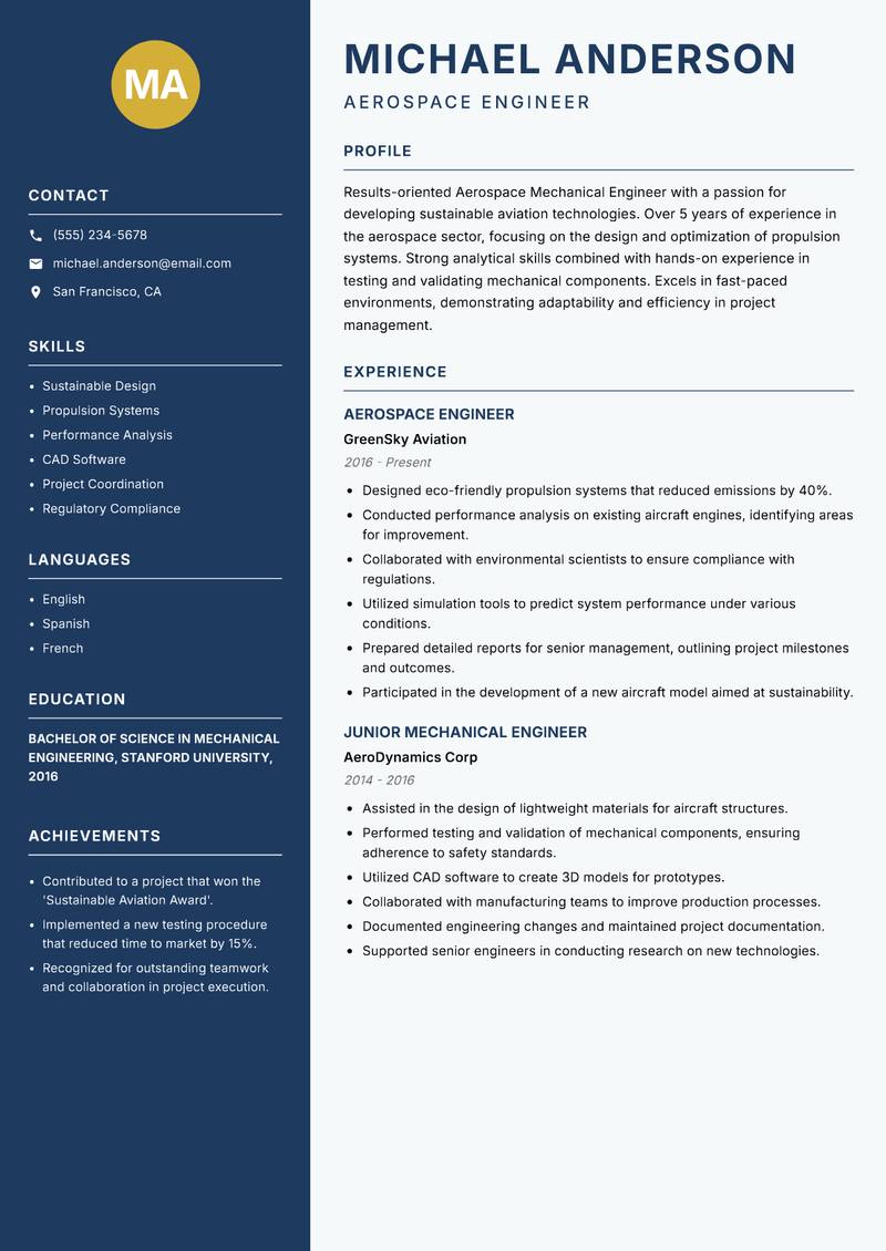 Aerospace Mechanical Engineer Resume Preview Example