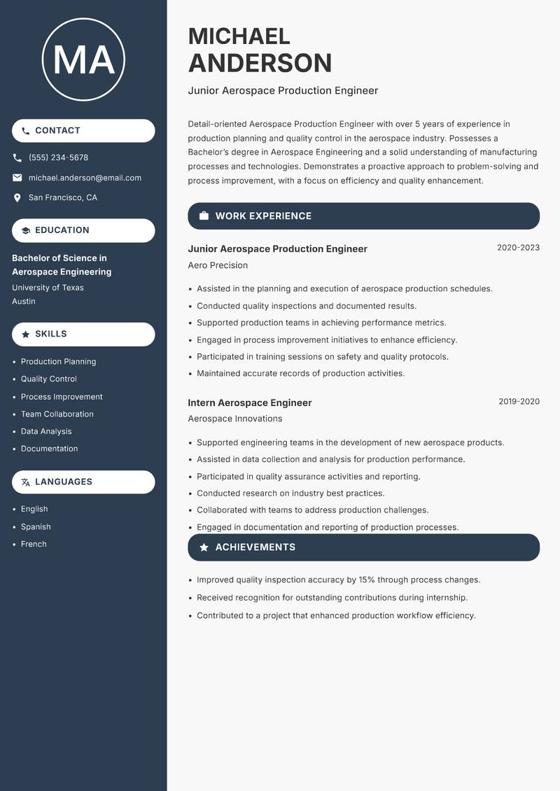 Aerospace Production Engineer Resume Preview Example