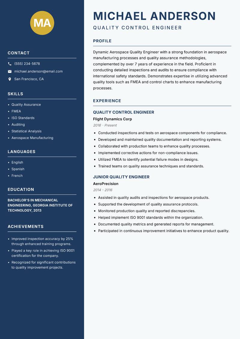 Aerospace Quality Engineer Resume Preview Example