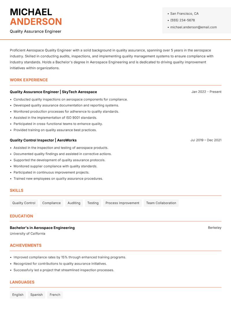 Aerospace Quality Engineer Resume Template