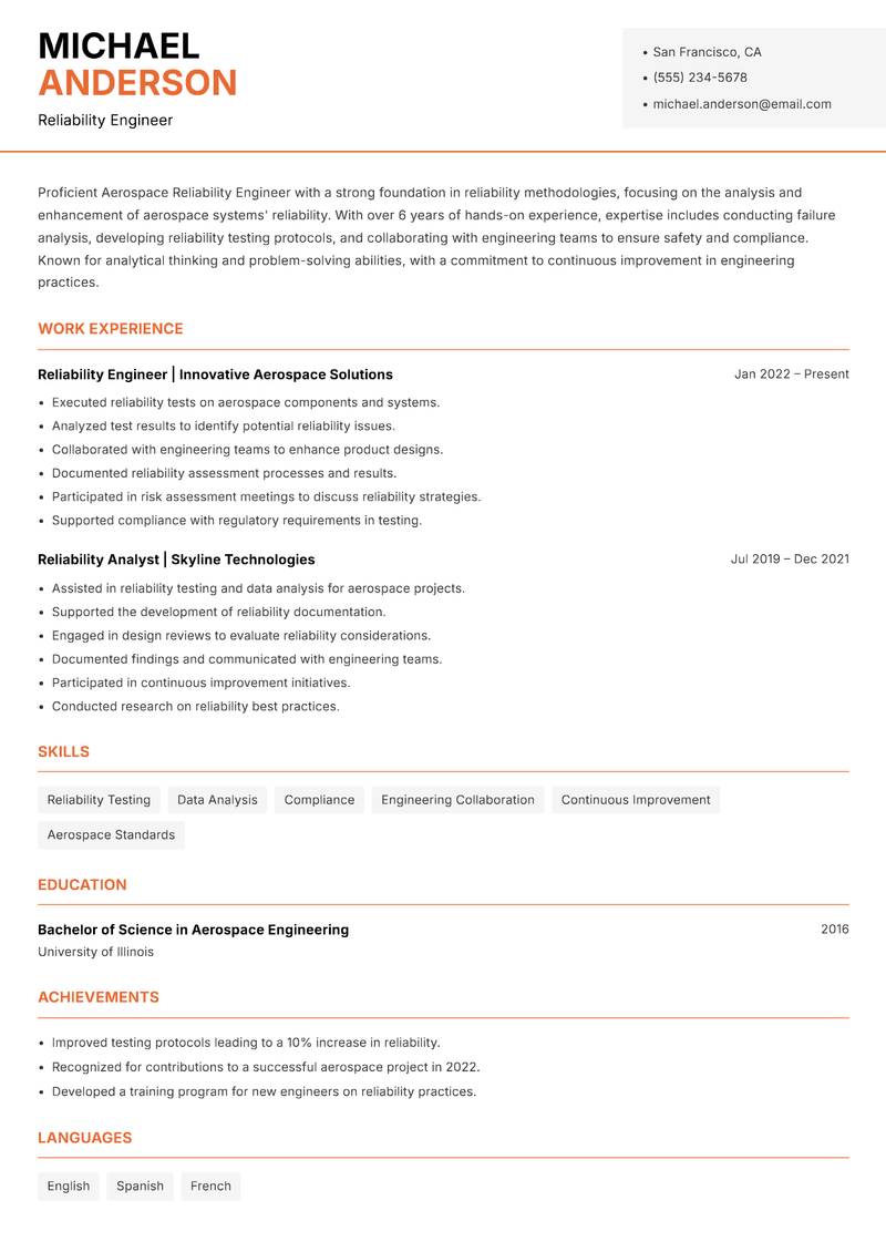 Aerospace Reliability Engineer Resume Template