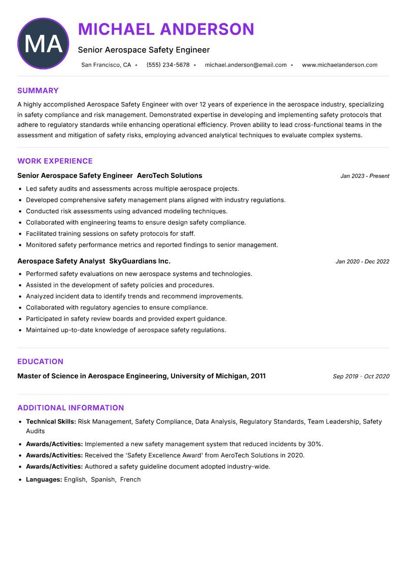 Aerospace Safety Engineer Resume Preview Example