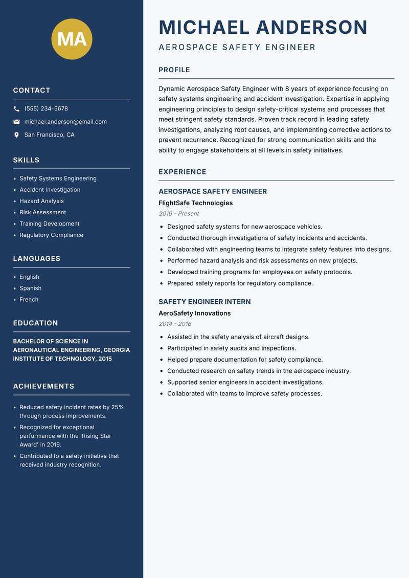 Aerospace Safety Engineer Resume Preview Example
