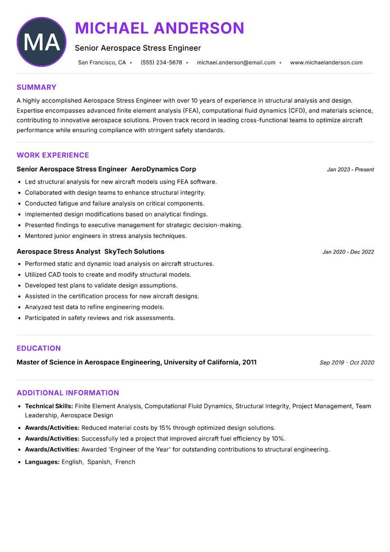 Aerospace Stress Engineer Resume Preview Example