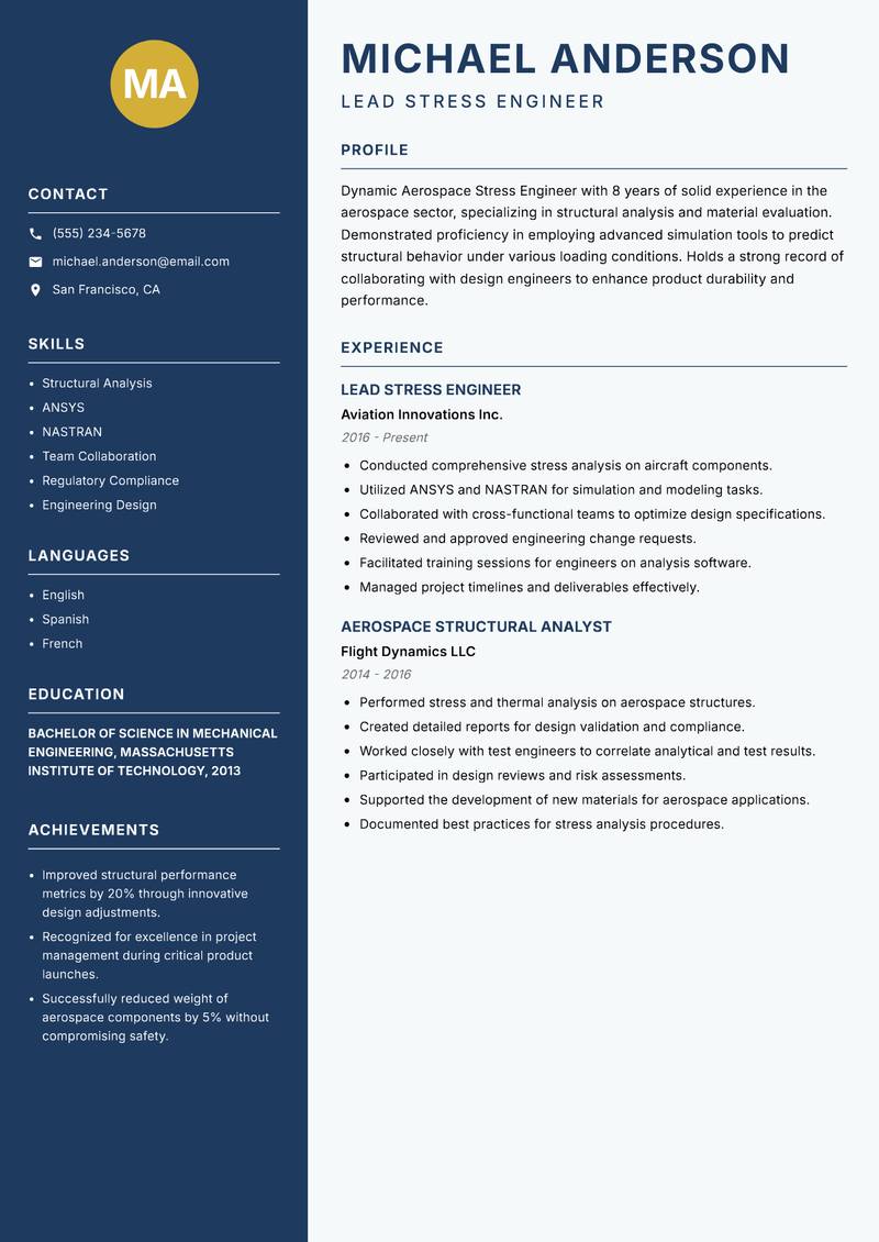 Aerospace Stress Engineer Resume Preview Example