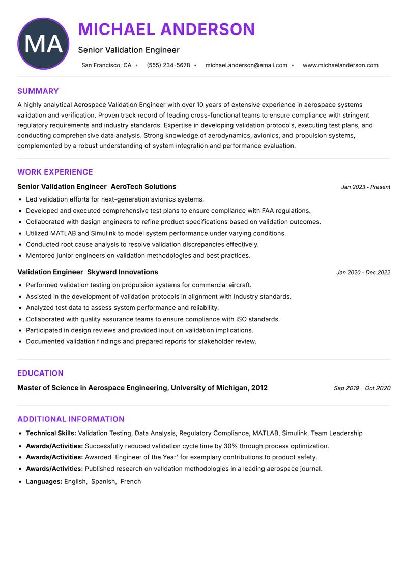 Aerospace Validation Engineer Resume Preview Example