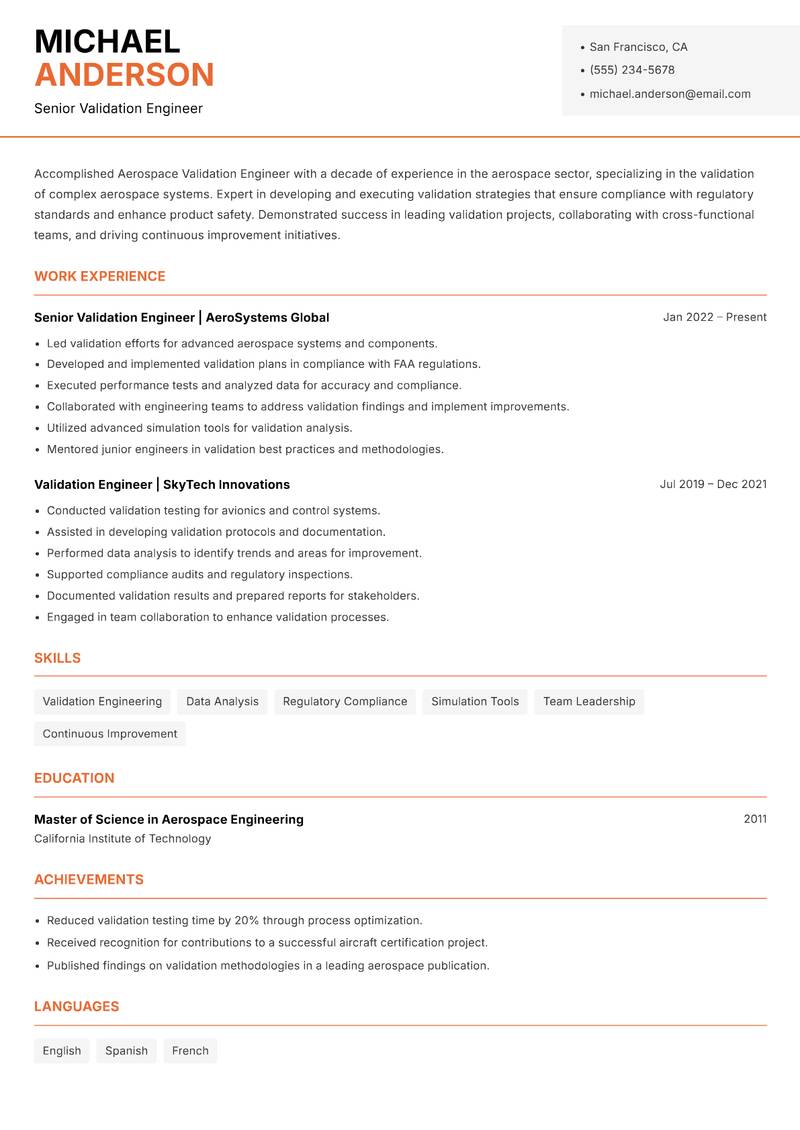 Aerospace Validation Engineer Resume Template