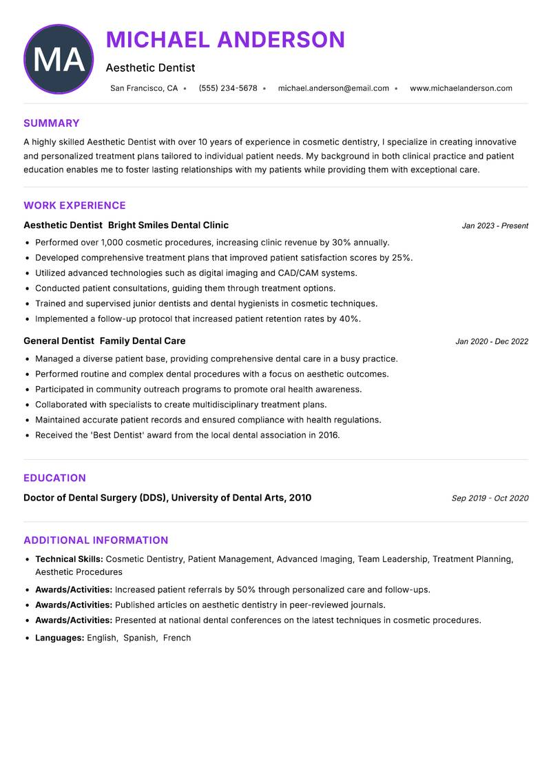 Aesthetic Dentist Resume Preview Example