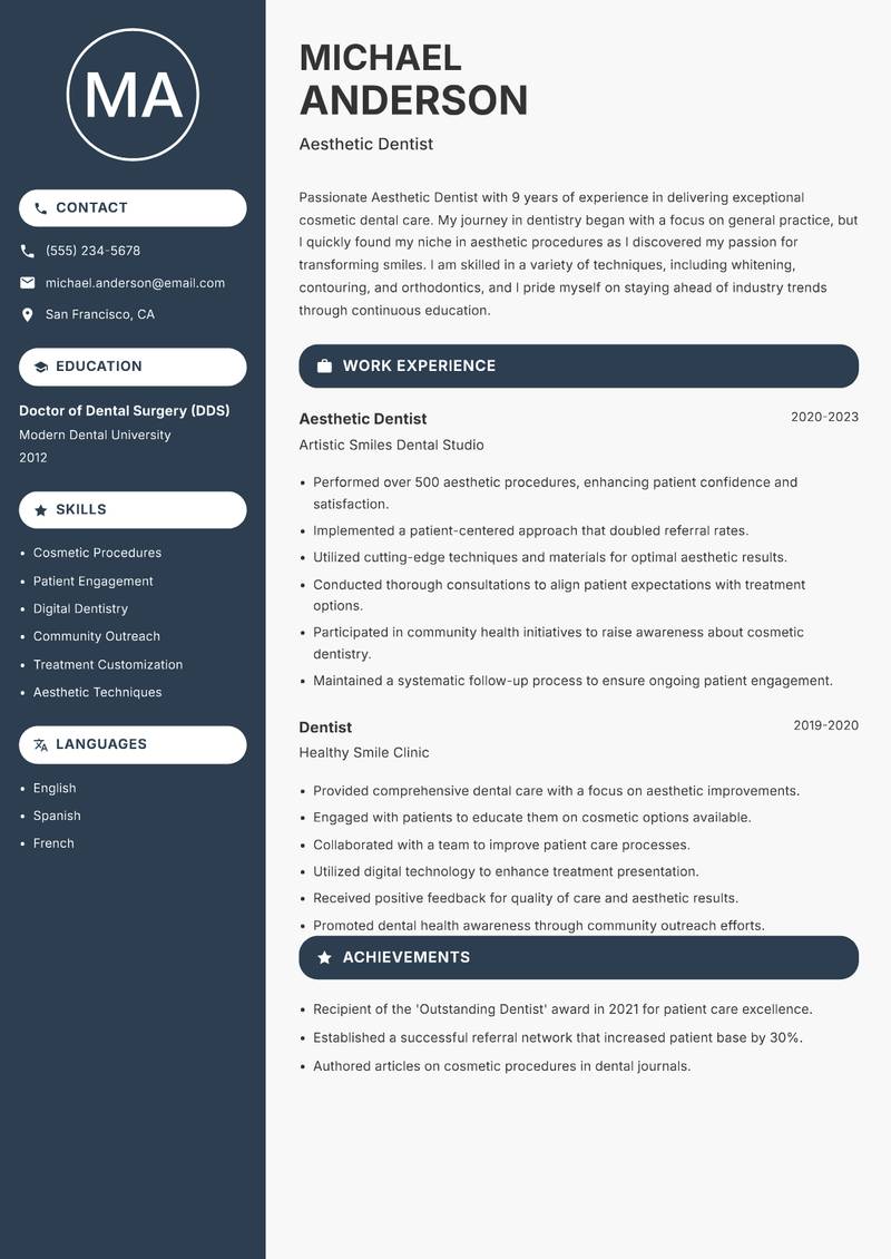 Aesthetic Dentist Resume Preview Example
