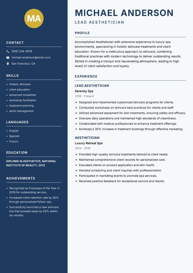 Aesthetician Resume Preview Example