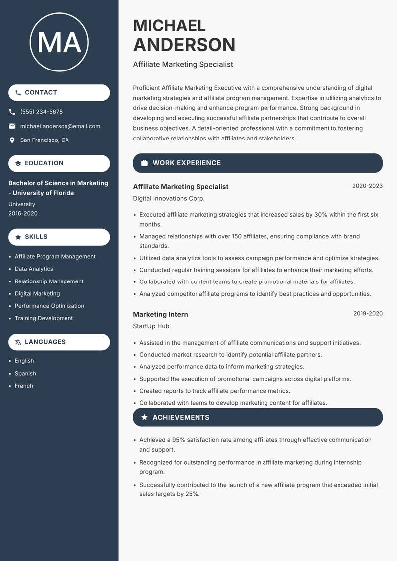 Affiliate Marketing Executive Resume Preview Example