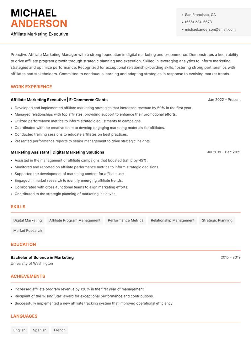 Affiliate Marketing Manager Resume Template