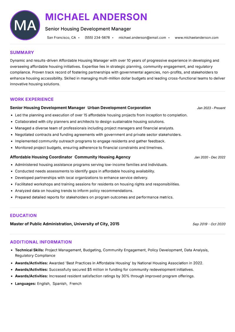 Affordable Housing Manager Resume Preview Example