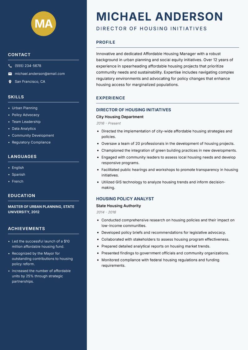 Affordable Housing Manager Resume Preview Example