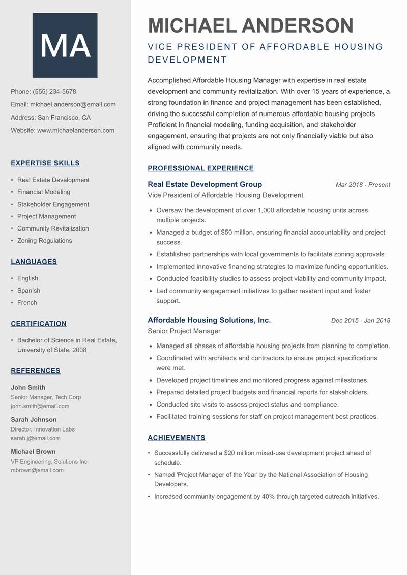 Affordable Housing Manager Resume Preview Example