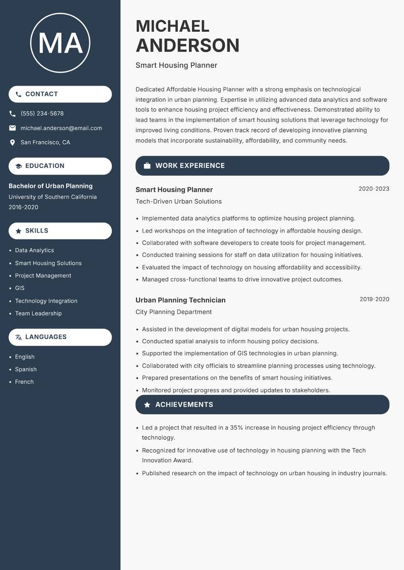 Affordable Housing Planner Resume Preview Example