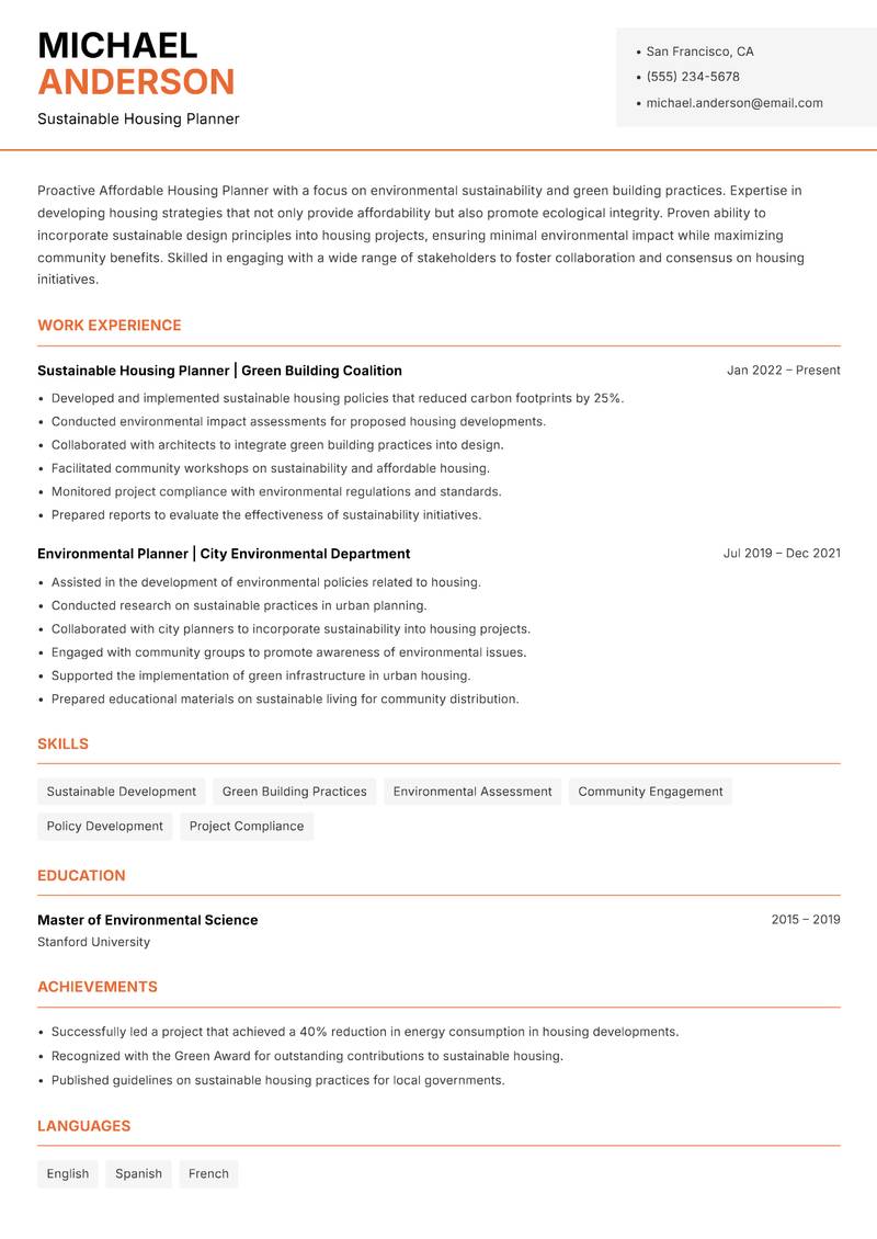 Affordable Housing Planner Resume Template