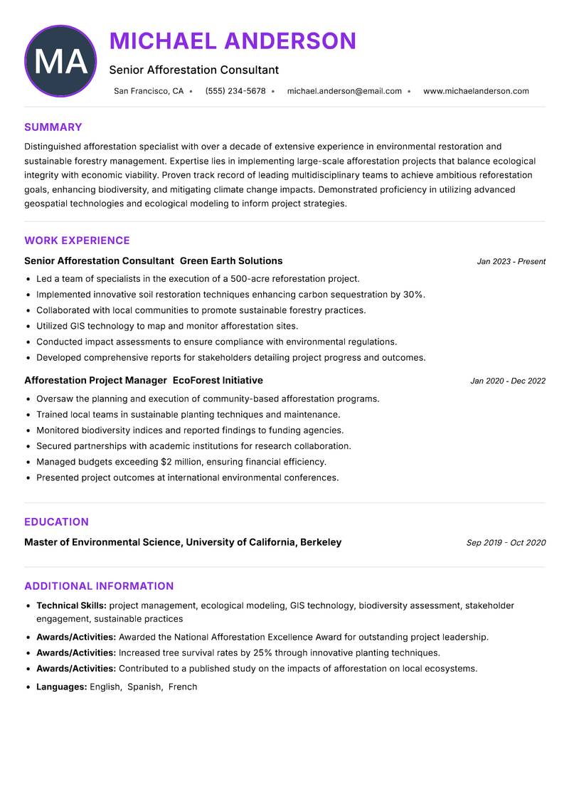 Afforestation Specialist Resume Preview Example