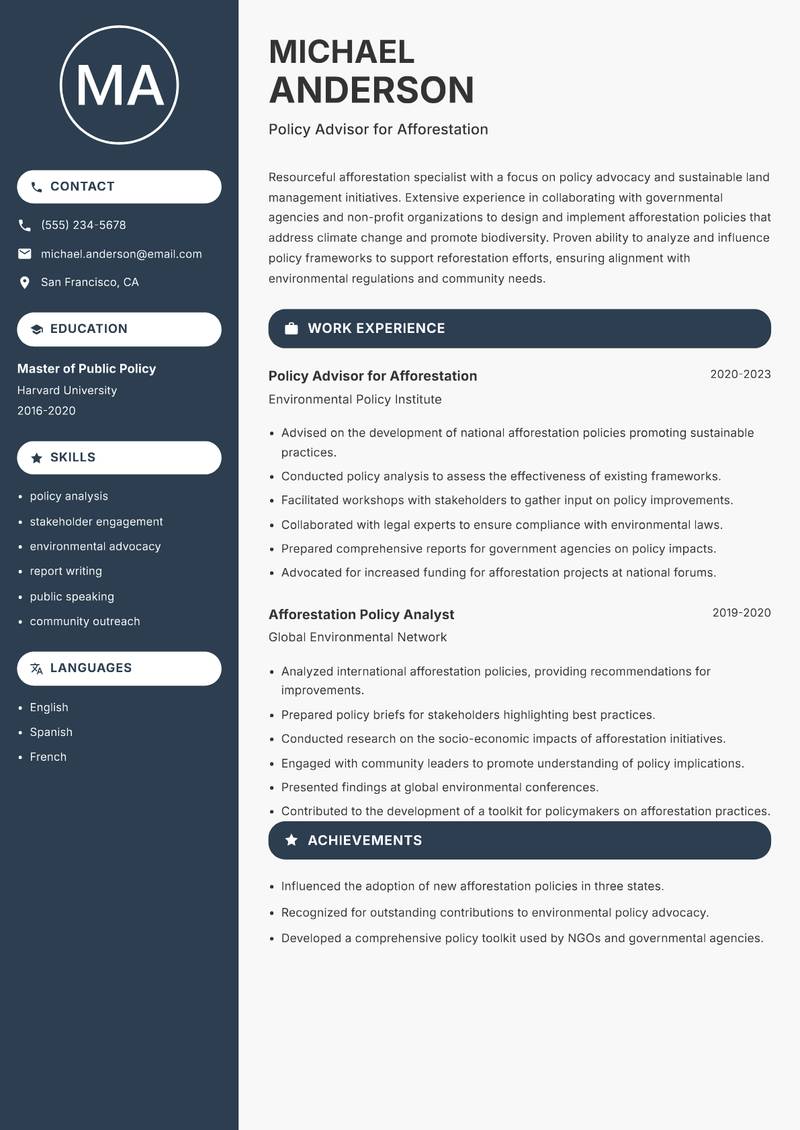 Afforestation Specialist Resume Preview Example