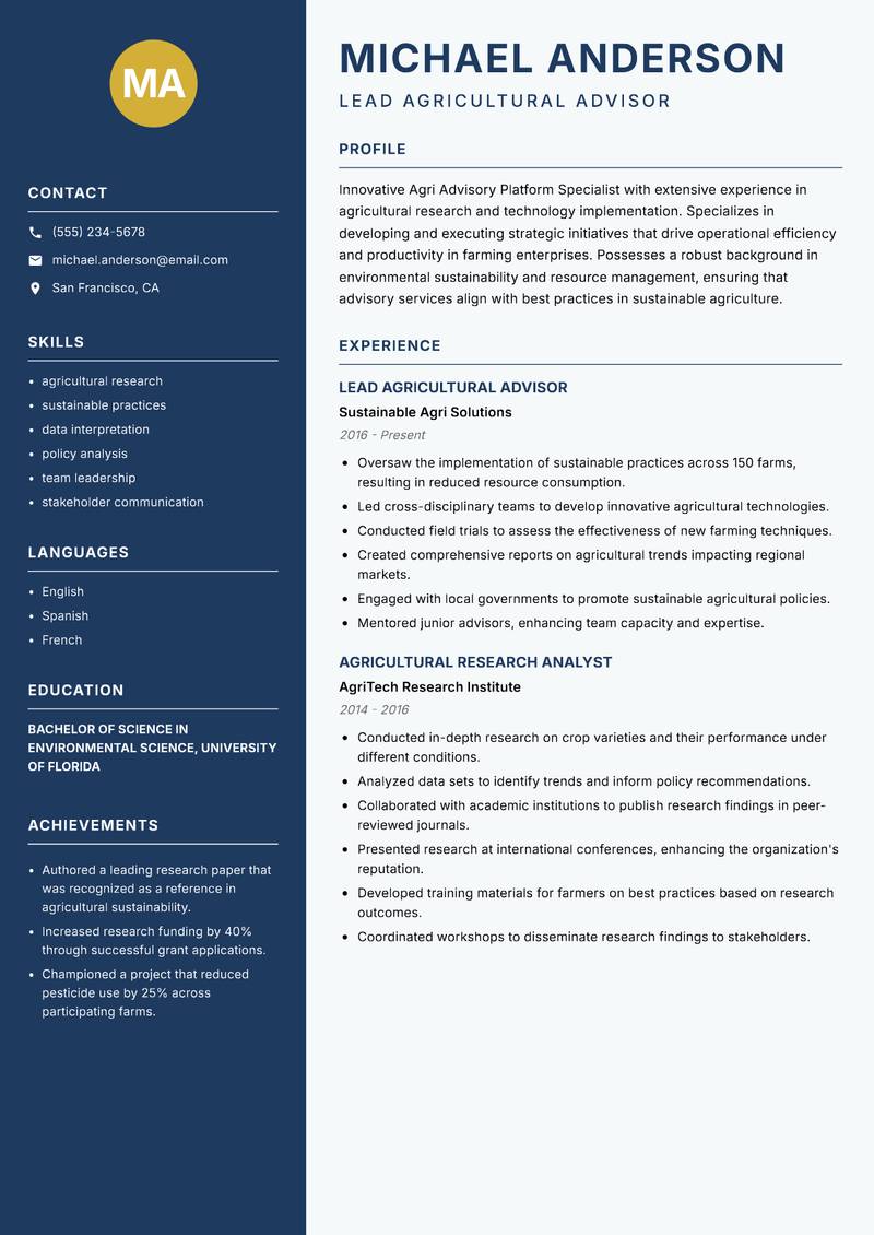 Agri Advisory Platform Specialist Resume Preview Example