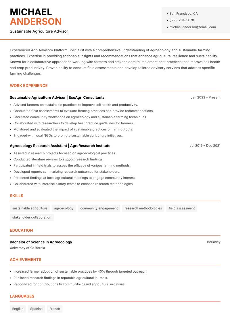 Agri Advisory Platform Specialist Resume Template