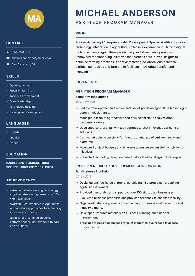 Agri Entrepreneurship Development Specialist Resume Preview Example