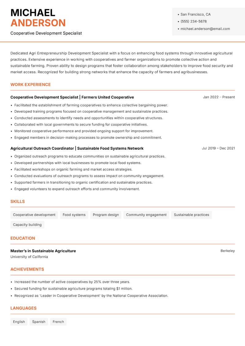 Agri Entrepreneurship Development Specialist Resume Template