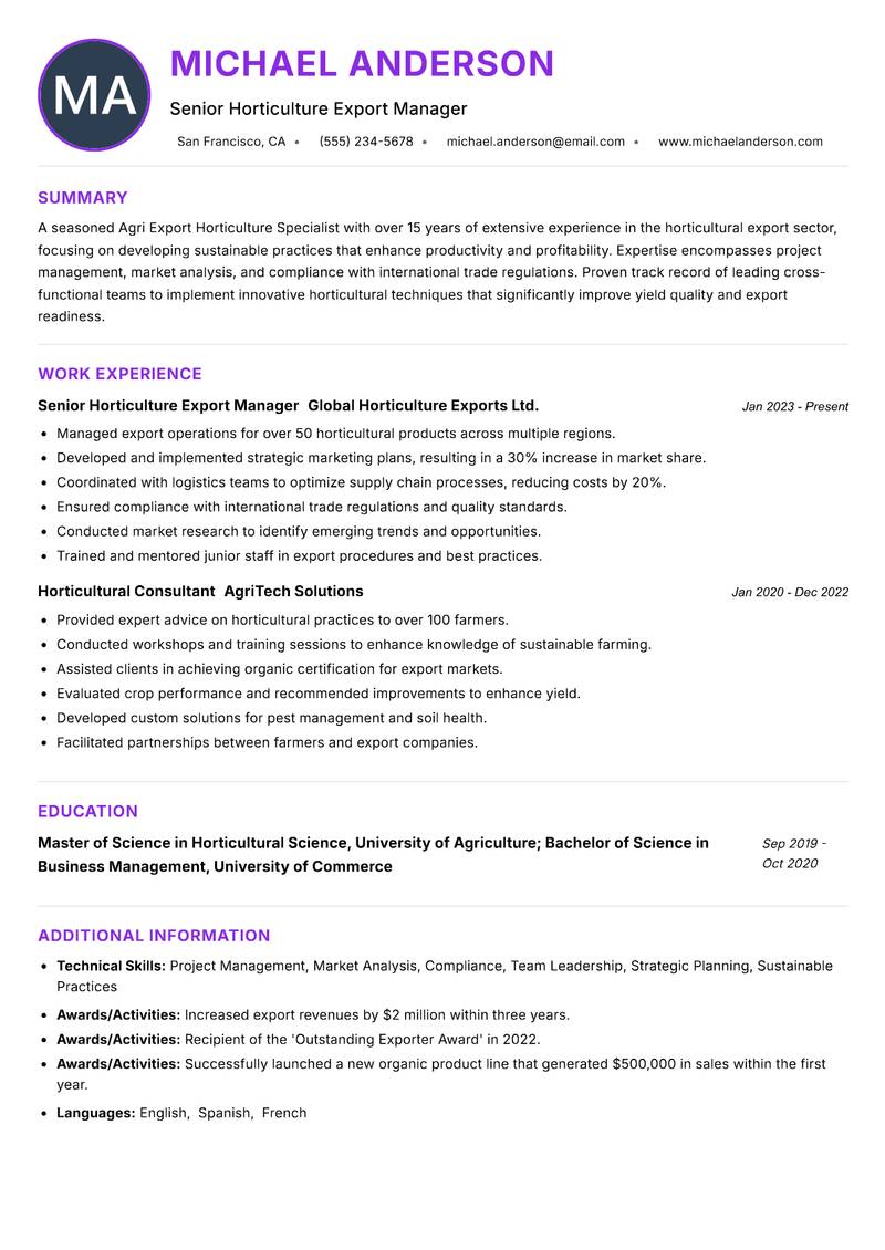 Agri Export Horticulture Specialist Resume Preview Example