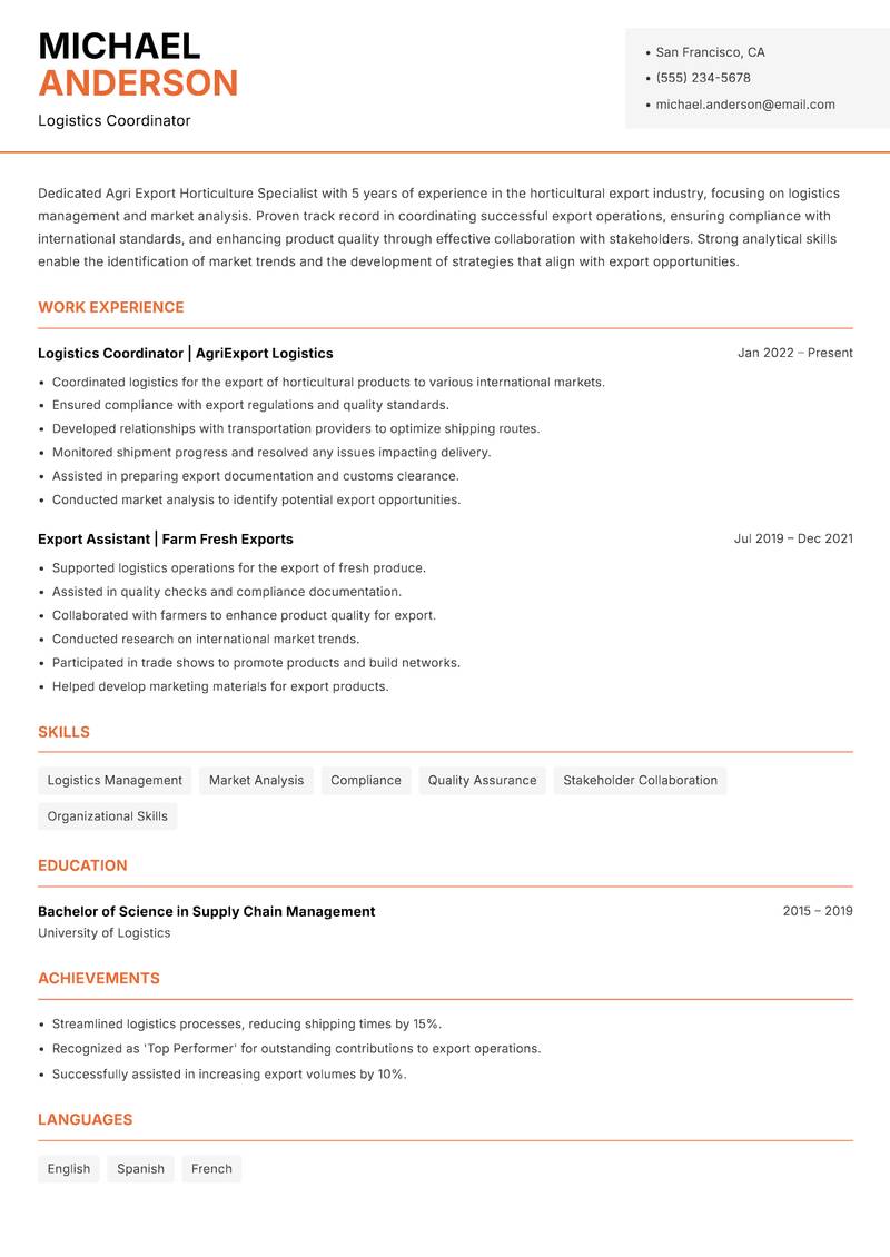 Agri Export Horticulture Specialist Resume Template