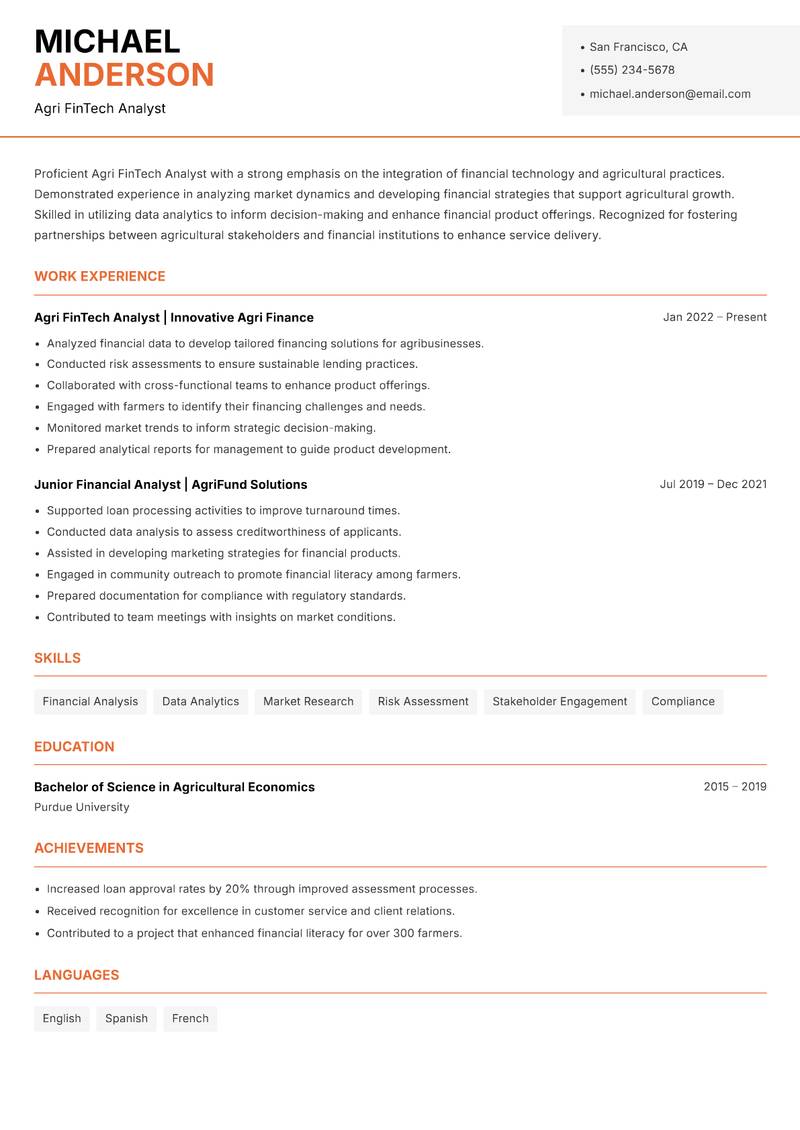 Agri FinTech Analyst Resume Template