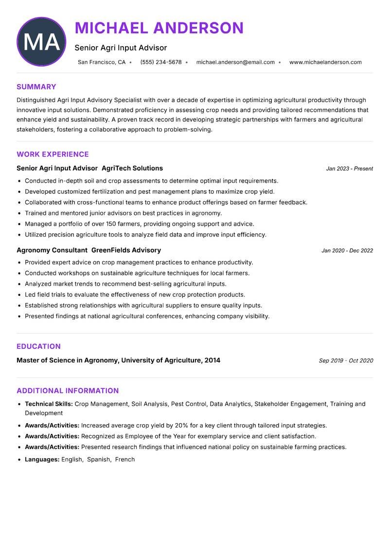 Agri Input Advisory Specialist Resume Preview Example