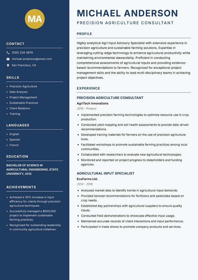 Agri Input Advisory Specialist Resume Preview Example