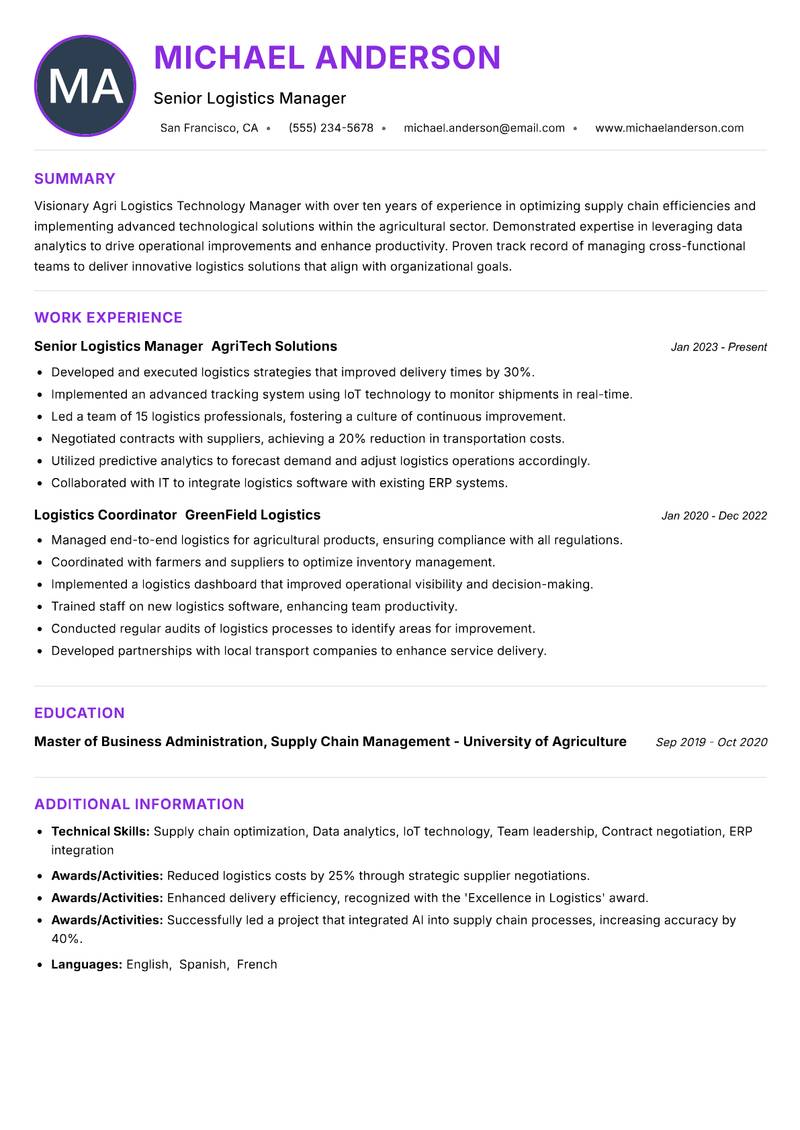 Agri Logistics Technology Manager Resume Preview Example