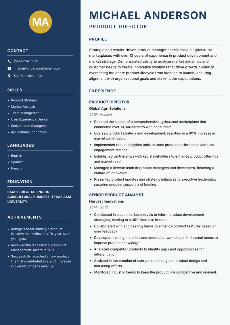 Agri Marketplace Product Manager Resume Preview Example