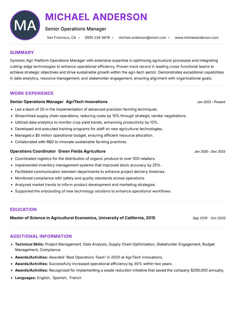 Agri Platform Operations Manager Resume Preview Example