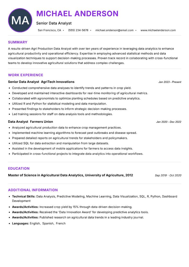 Agri Production Data Analyst Resume Preview Example