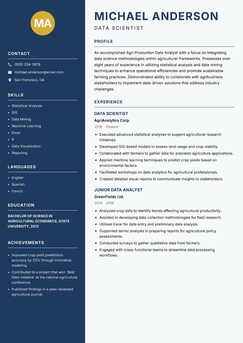 Agri Production Data Analyst Resume Preview Example