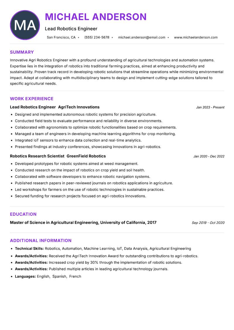 Agri Robotics Engineer Resume Preview Example