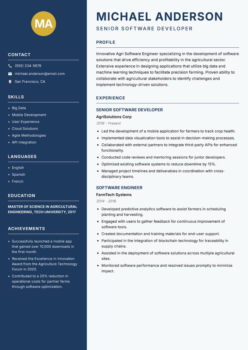 Agri Software Engineer Resume Preview Example