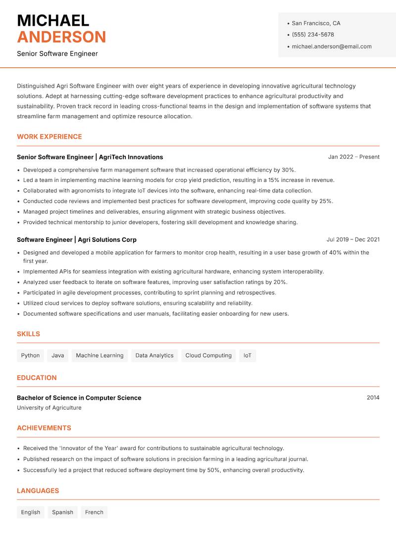 Agri Software Engineer Resume Template