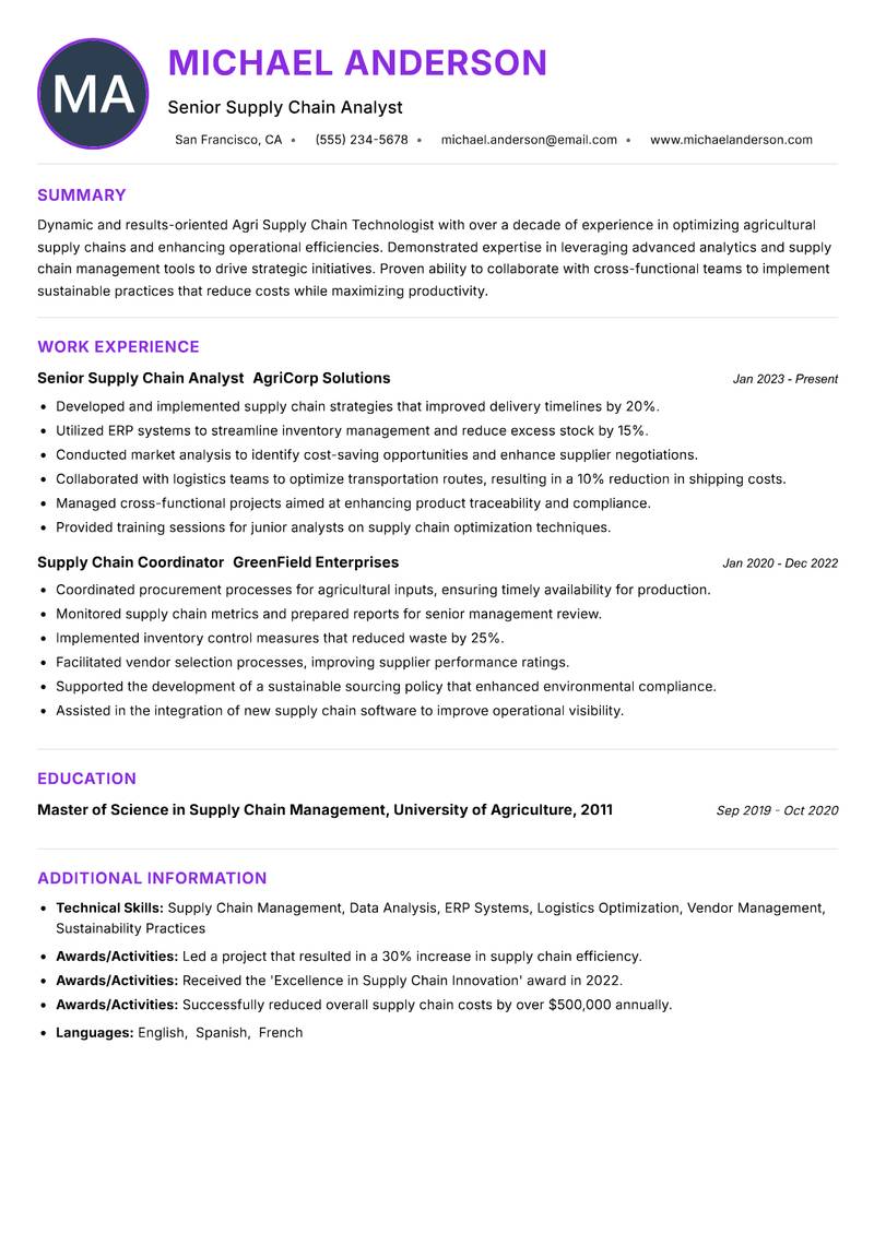 Agri Supply Chain Technologist Resume Preview Example