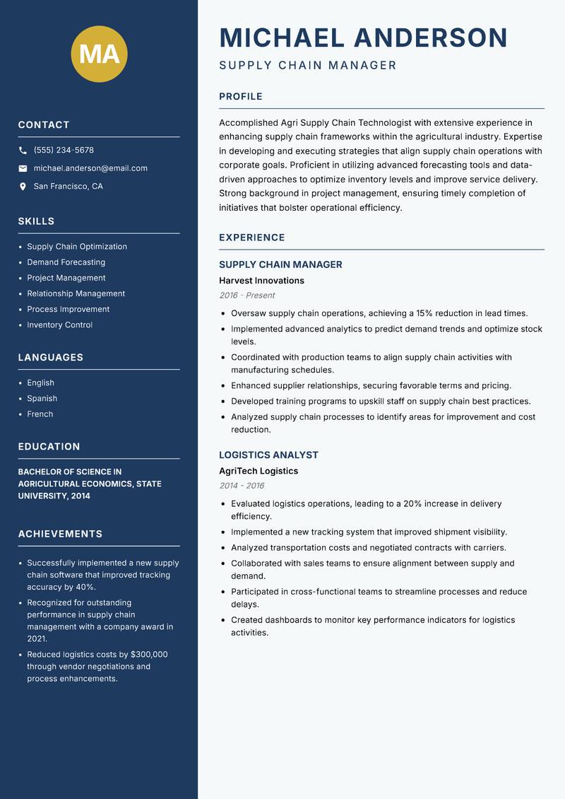 Agri Supply Chain Technologist Resume Preview Example