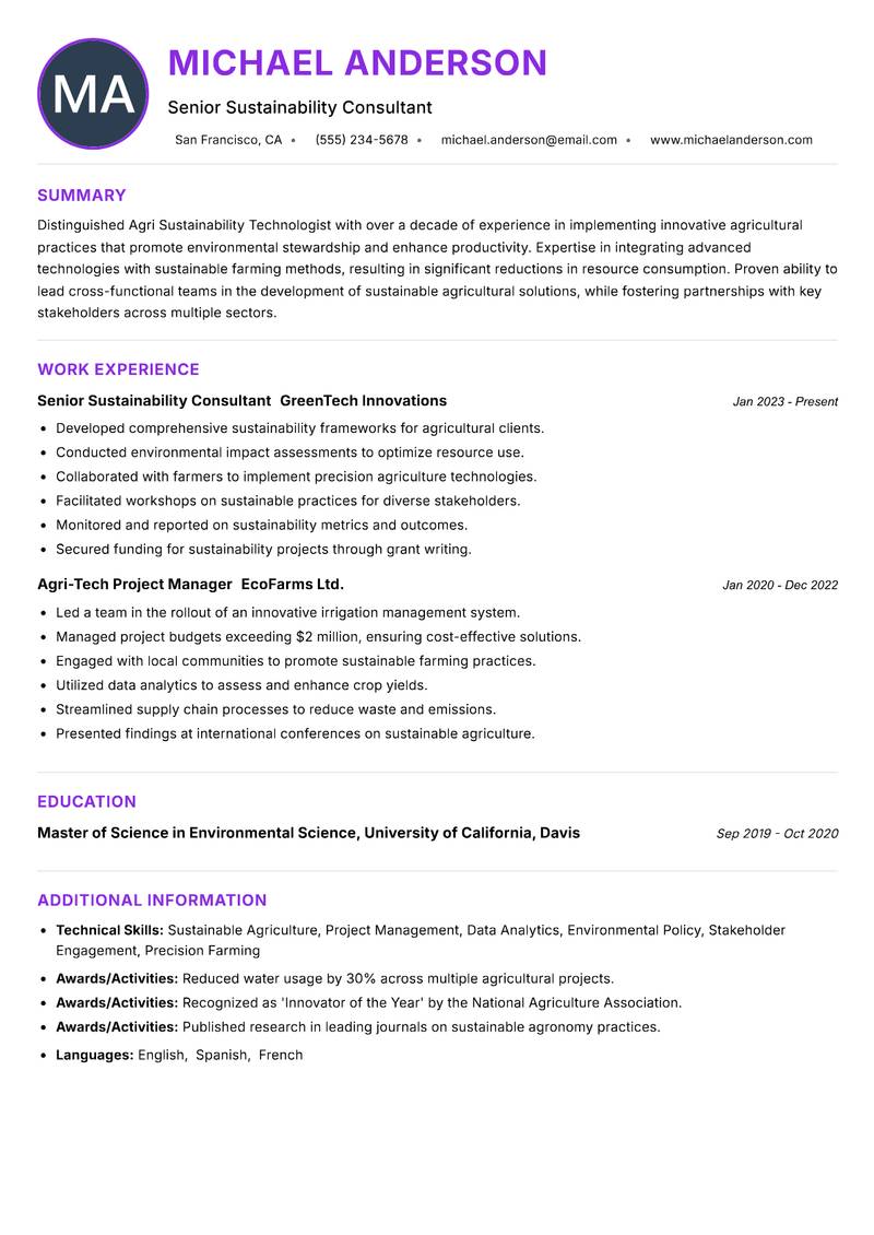 Agri Sustainability Technologist Resume Preview Example