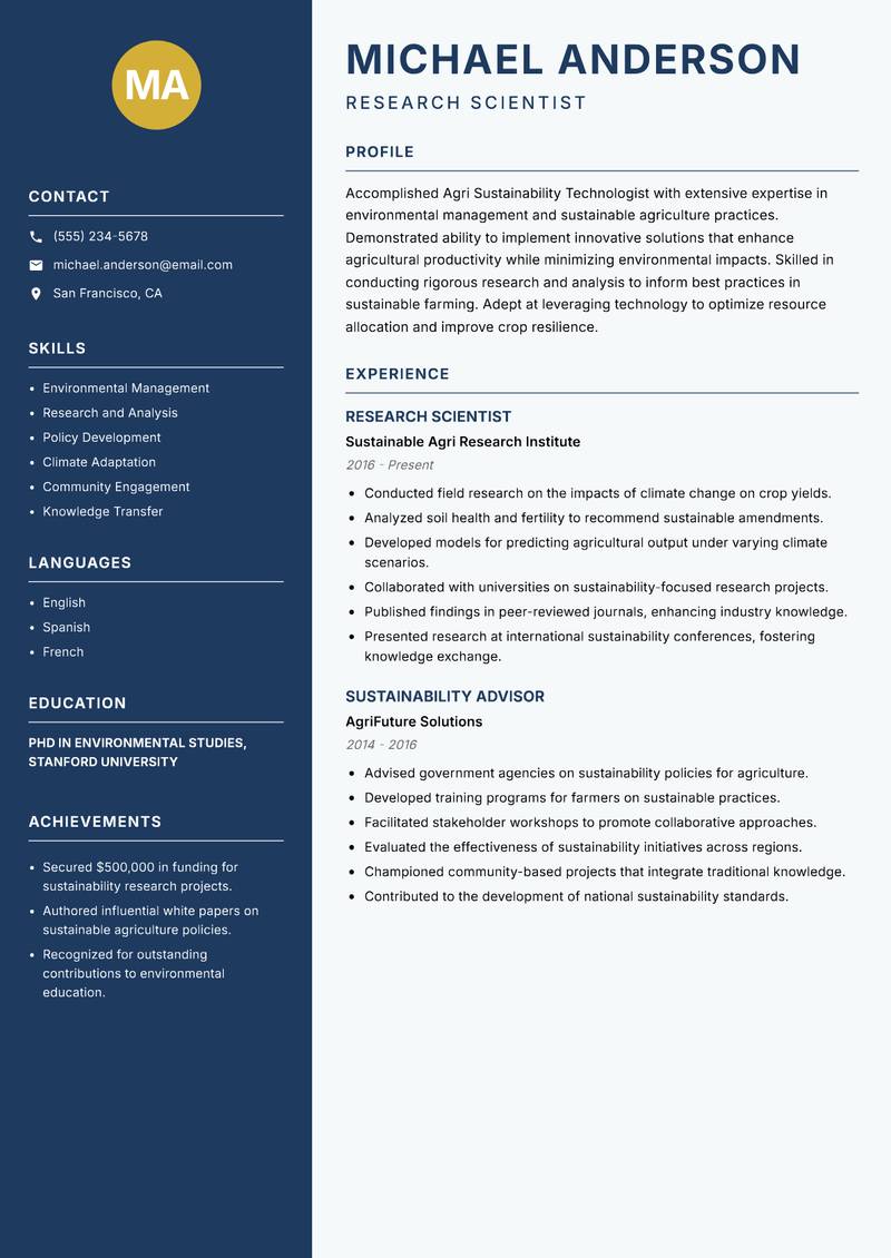 Agri Sustainability Technologist Resume Preview Example