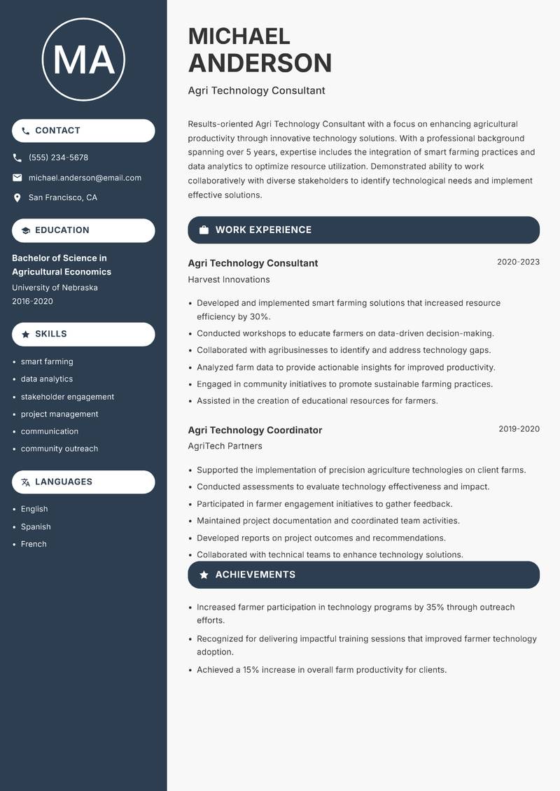 Agri Technology Consultant Resume Preview Example